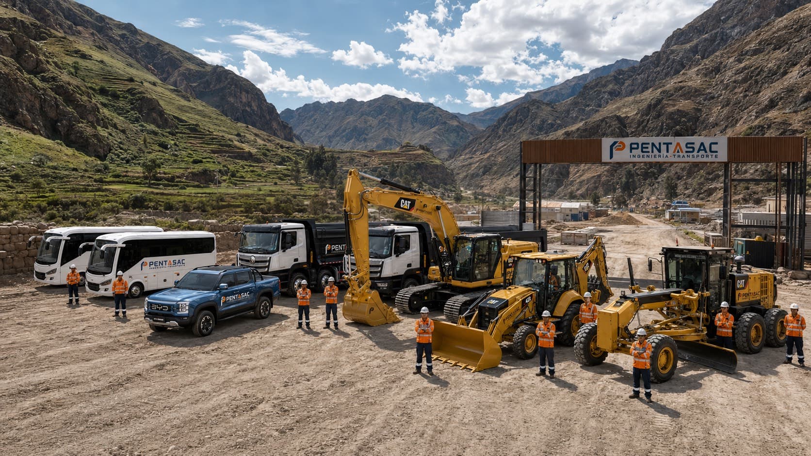 Flota y equipo de PENTASAC: buses, camioneta, volquetes y maquinaria pesada en operación